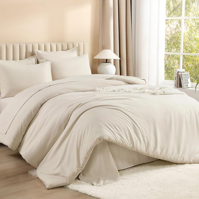 Litanika Beige Bed in a Bag Full - 7 Pieces Full Size Comforter Sets Bedding Comforter Sets, Solid Fluffy Bed Set with Comforter, Sheets, Pillowcases & Shams