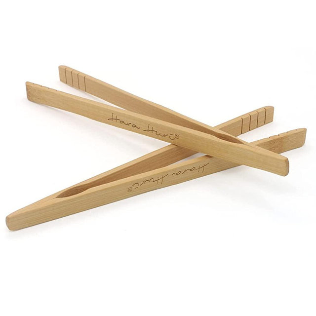 Hara Huri Bamboo Toaster Tongs - Set of 2 Reusable Heat Resistant Wooden Toast Tongs - 8 Inch Long Natural Wood Kitchen Utensil for Serving Pickle Muffin