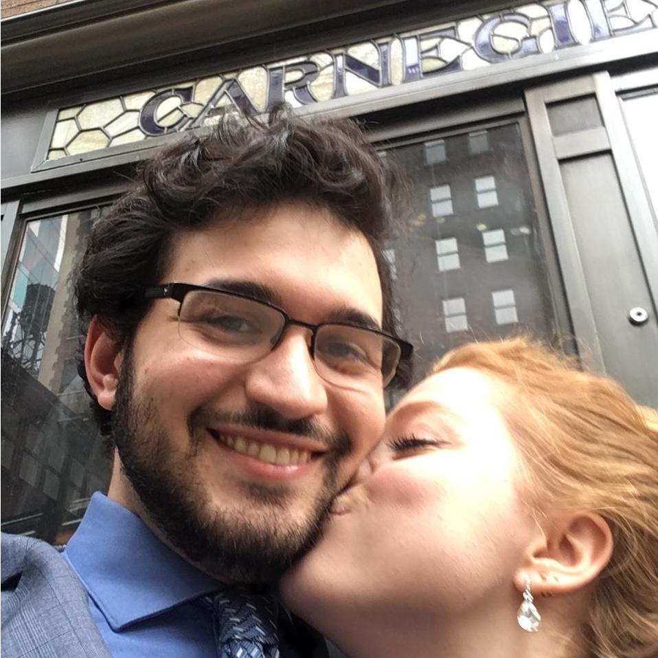 Billy not only came to see Elizabeth play, but helped her move her harp up eight flights of stairs (!) to the rehearsal studio down the street. That certainly deserves a kiss.