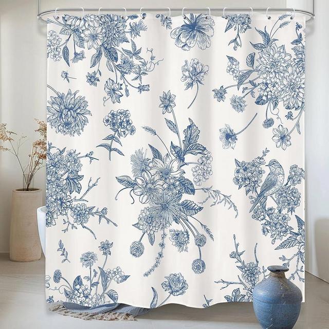 LIGHTINHOME Boho Blue Floral Shower Curtain 72Wx72H Inches Vintage Navy Blossom Bird Retro Rustic Farmhouse Chinoiserie Aesthetic Cream Fabric Waterproof Polyester Bathroom Home Decor Set with Hooks