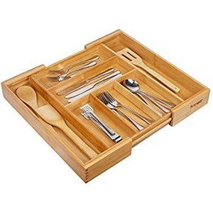 Bamboo Expandable Drawer Organizer, Premium Cutlery and Utensil Tray, 100% Pure Bamboo, Adjustable Kitchen Drawer Divider