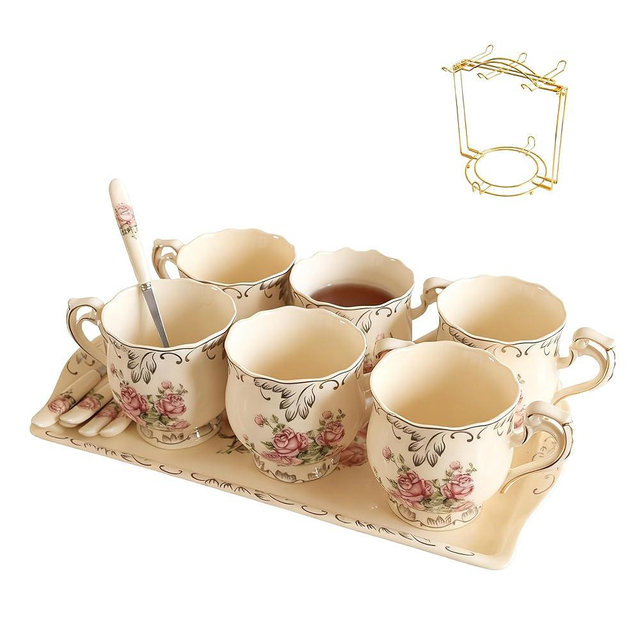 OptmAVth Ceramic Cup Set of 6, with 6 Spoons and a Tray, Cup Set with Stand, for Tea Party or Wedding, White Rose