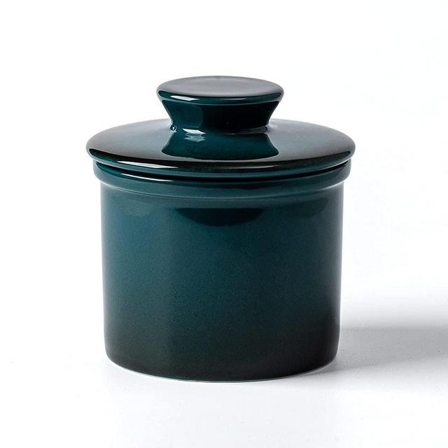 XELA Porcelain Butter Keeper Crock, French Butter Crock for Counter, Butter Keeper With Water Line for Fresh Spreadable Butter-Peacock blue