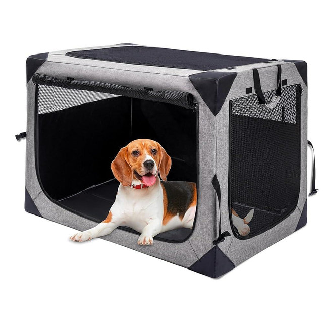 Hiaksedt Dog Crates - 36 Inch Collapsible Soft Dog Crate, 3-Door Foldable Soft Kennel for Large Dogs, Portable Pet Travel Cage with Chew Proof Mesh Window for Outdoors