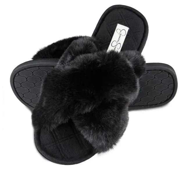 Jessica Simpson Women's Plush Cross Band Plush Memory Foam Slide Slipper - Black Plush Slipper/Small
