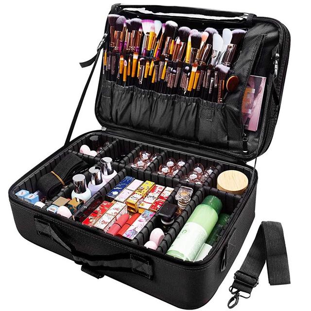 joyroom Large Makeup Bag 3 Layers Professional Travel Cosmetic Bag Makeup Organizer Case 15.7 inches Portable Artist Storage Brush Box with Adiustable Dividers&Strap for Makeup Accessories Black