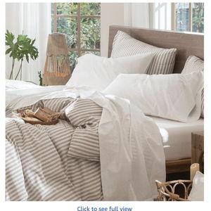 MooMee Bedding Sheet Set 100% Washed Cotton Linen Like Textured Breathable Durable Soft Comfy (Solid Off White, Queen)