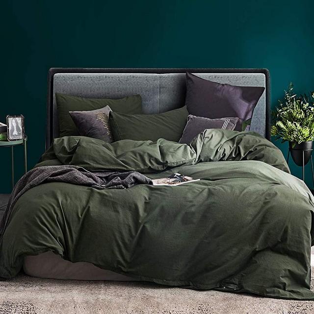 ECOCOTT 3 Pieces Duvet Cover Set King 100% Washed Cotton 1 Duvet Cover with Zipper and 2 Pillowcases, Ultra Soft and Easy Care Breathable Cozy Simple Style Bedding Set (Avocado Green)