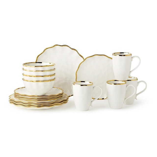 Regency Gold 16-Piece Dinnerware Set – Elegant Gold Rimmed Porcelain Plates, Bowls & Mugs – Service for 4 – Sophisticated Dining Set for Everyday Meals, Holiday Gatherings & Wedding Gifts