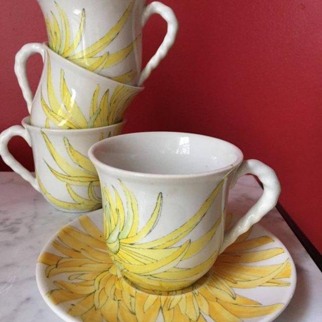 Ceramic Floral Mugs. Ernestine Itay Cup & Saucer Ernestine Salerno  Italy Mid Century Pottery Italian  Yellow Flowers Vintage Free Shipping