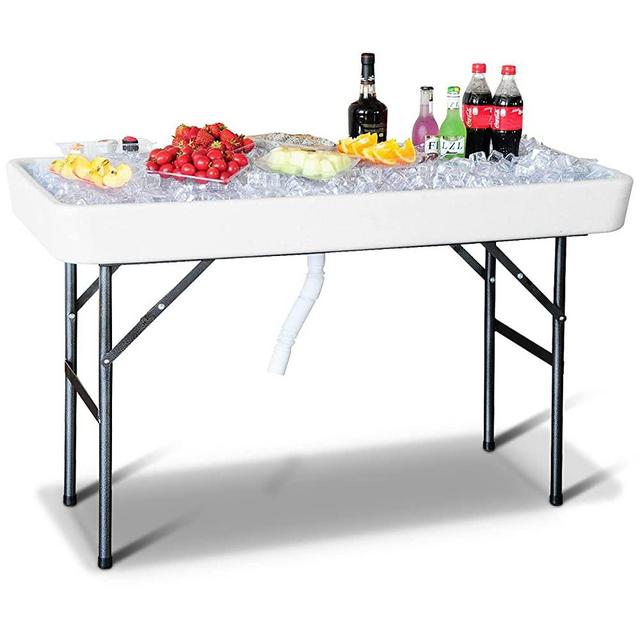 KOTEK Folding Ice Cooler Table with Matching Skirt & Drain Plug, Foldable Beverage Cooler Table Buffet Cooler Server, Portable Chill Table for Party, Picnic, BBQ, Camping