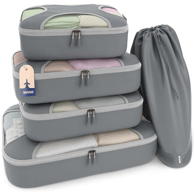 Shacke Premium 5 Packing Cubes Set - Lightweight Mesh Travel Luggage Organizers with Laundry Bag, 5-Piece Suitcase Storage System (Charcoal Gray)