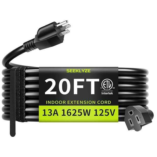 16/3 Black 20 FT Extension Cord, Indoor Extension Cord for Laptops, Coffee Makers, Office Home Appliances, 3 Prong Resistant Cable Flexible, 13A 125V 1625W ETL Listed