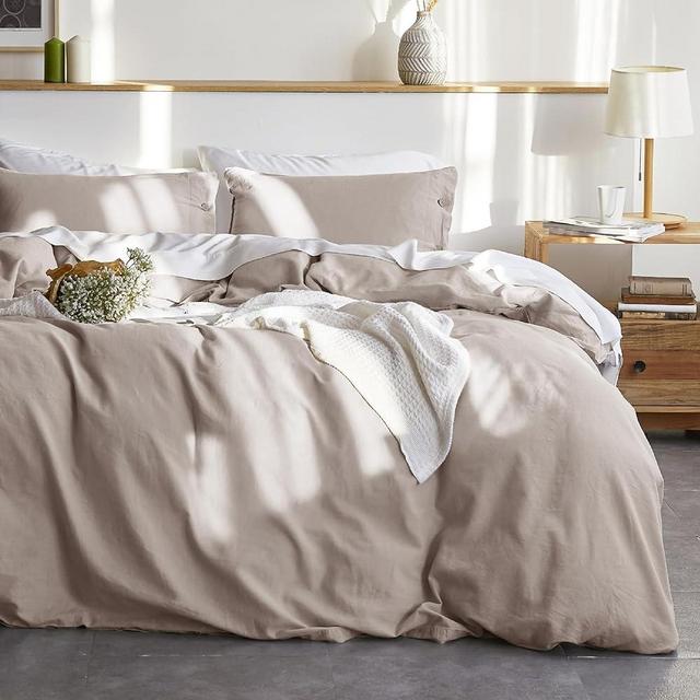 Bedsure Linen Duvet Cover Queen - Linen Cotton Blend Duvet Cover Set, Beige Linen Duvet, 3 Pieces, 1 Duvet Cover 90 x 90 Inches and 2 Pillowcases, Comforter Sold Separately