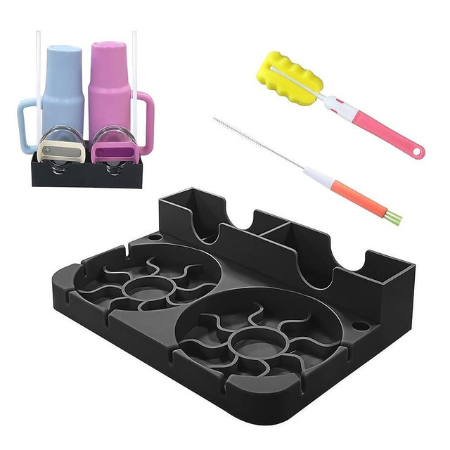 Portable Double Bottle Drying Rack - Ideal for Stanley Cup Accessories, Owala Tumblers & More!Comes with Soft Silicone Design, Bottle Brush & Straw Brush. Travel Tumbler Drying Stand (Black)