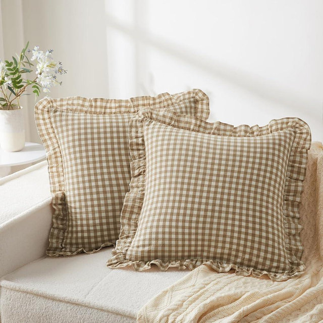 KKJIAF Ruffle Plaid Euro Sham Pillow Covers 20 x 20 Inches, Cotton Gingham Pillow Cases Set of 2, Linen Feel Ruffled Plaid Pillow Shams with Envelope Closure for Sofa Bed (Taupe/White Plaid)