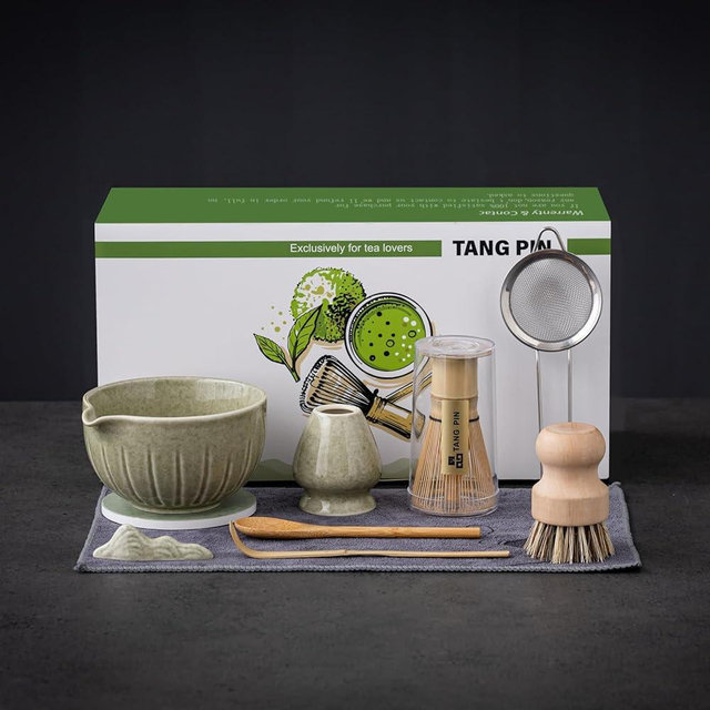 TANG PIN Matcha Whisk Set, 15 OZ Matcha Bowl, Matcha Whisk and Stand, Scoop, Spoon, Sifter, Coaster, Cleaning Brush and Tea Towel, 10 Pcs Perfect Matcha Kit for Matcha Tea Ceremony