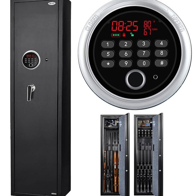 2025 New and Improved Rifle Safe, Biometric Long Gun Safe for Rifle Shotgun with Time Temperature Humidity Display, Quick Access 5-6 Gun Storage Cabinet with Lock Box and Removable Shelf