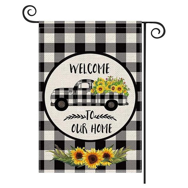 JANESOTO Sunflower Truck Garden Flags for Outside 13x18 Double Sided Buffalo Plaid Small Yard Flags Summer Fall Welcome Flag Holiday Outdoor Décor for Lawn,Front Door,Porch,Patio