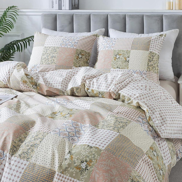HoneiLife Duvet Dover King Size - 100% Cotton Comforter Cover, Patchwork Bedlinen Set with Zipper Closure & Corner Ties, 3-PC Rustic Comforter Cover Sets