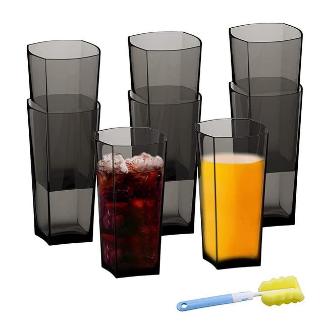 20 Ounce Black Plastic Water Tumblers with Cleaning Brush, Set of 8 Drinking Cups, Reusable Clear Shatterproof Drinking Glasses, Large Highball Mugs, Portable Lightweight Stackable Cup, Giftable