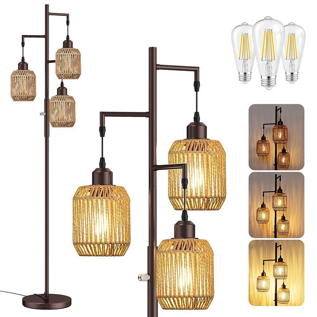ROTTOGOON Dimmable Boho Floor Lamp - 3 Light Farmhouse Rattan Floor Lamp for Living Room, Industrial Tree Floor Lamps with 3 X 6W LED Bulbs, Rustic Standing Tall Lamp for Bedroom, Office, 68", ORB