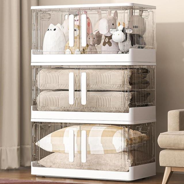 Dimmeda Storage Bins with Lids, 21 Gal Collapsible Storage Bins With Lids - Plastic Storage Bins with Lids, Large Closet Organizers and Storage, Double Door Stackable Storage Bins for Clothes(3 Pack)