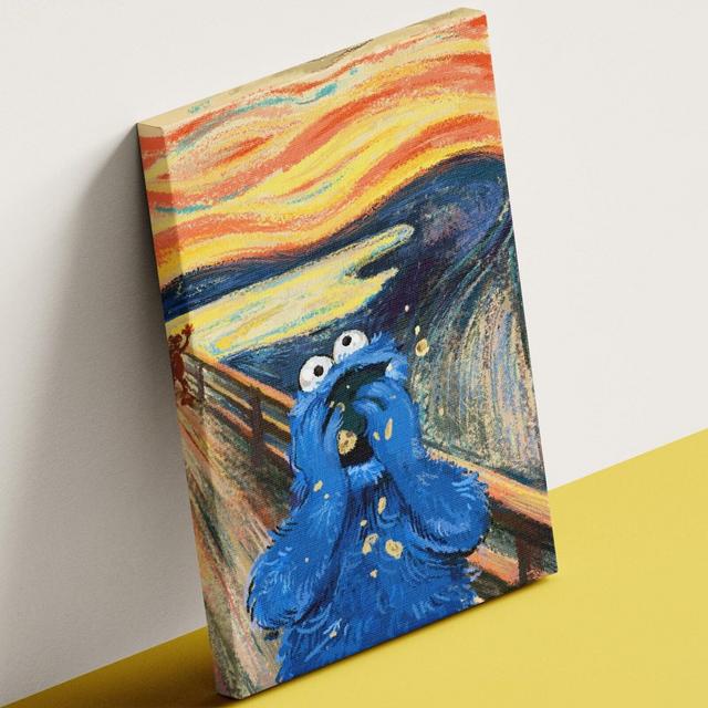 Cookie Monster Canvas Art, Scream Parody Wall Art, Premium Print Poster, Comic Cartoon Artwork, Edvard Munch, Reproduction Paintings Canvas