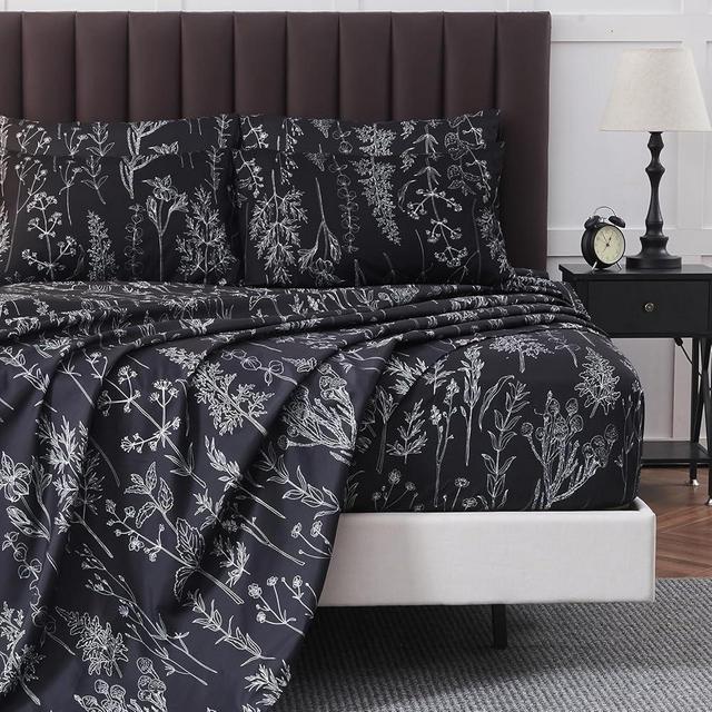 HYPREST 6 Piece King Size Sheets Set, Floral Sheets Black Patterned Sheets Deep Pocket up to 18 inches