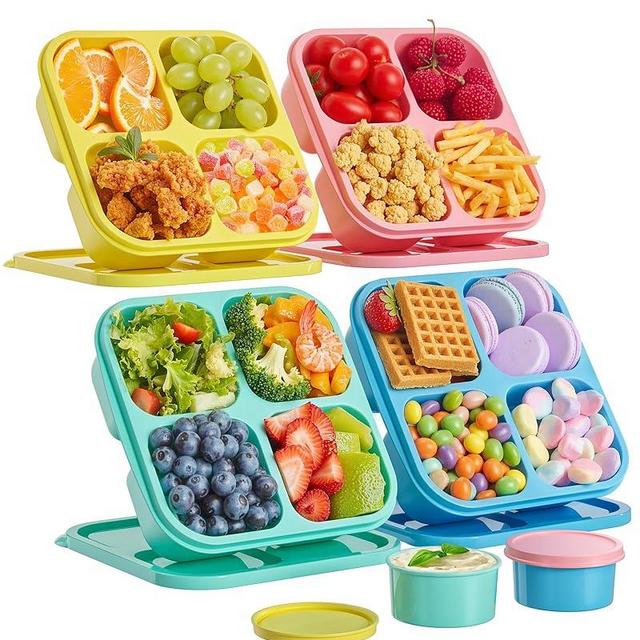 4 Pcs Snack Box Containers Set, Reusable 4 Compartment Lunchable Container with 2Pcs Sauce Containers, Stackable BPA-Free Bento Box for School, Work, Travel (4 Color)