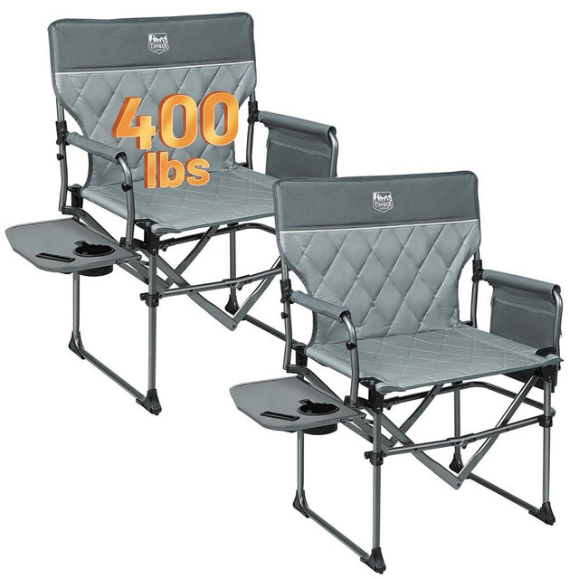 TIMBER RIDGE 2 Pack Aluminum Camping Directors Chair with Side Table Pocket, Portable Folding Heavy Duty Lawn Chair for Fishing Trip Picnic Concert Outdoor 400lbs, Grey