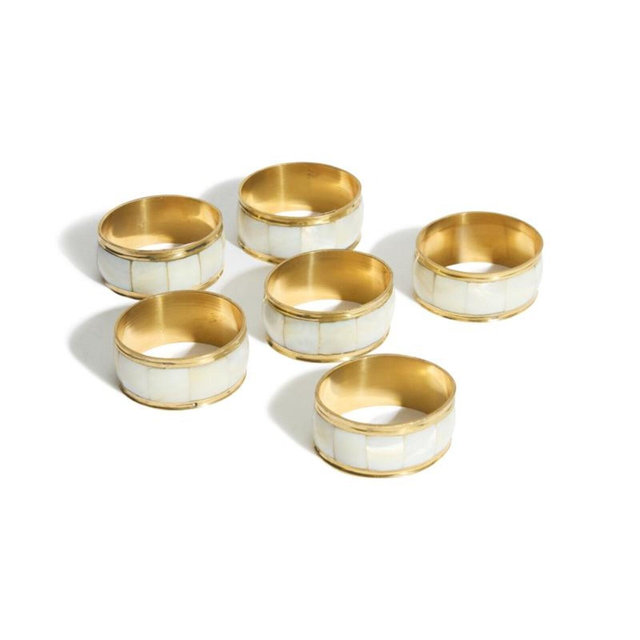 Handmade Gold Brass Napkin Rings: Mother of Pearl Inlay, Set of 6
