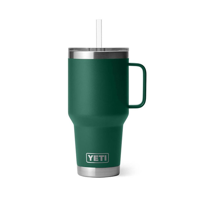 YETI Rambler 35 oz Tumbler with Handle and Straw Lid, Travel Mug Water Tumbler, Vacuum Insulated Cup with Handle, Stainless Steel, Black Forest Green