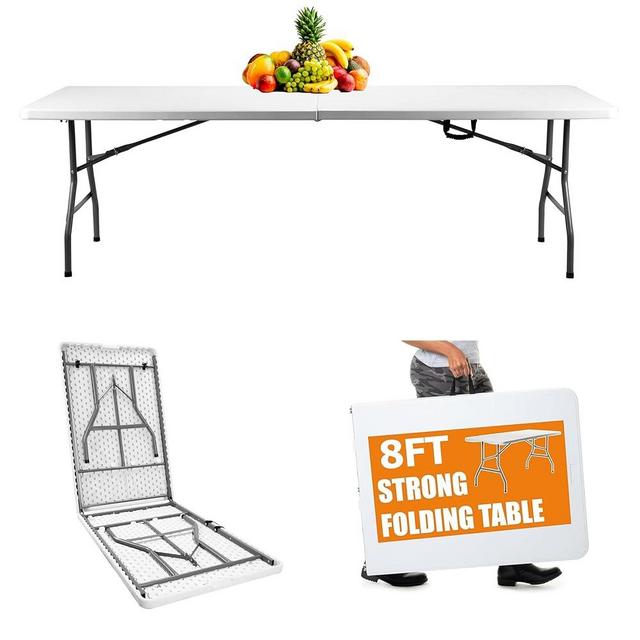 VTOY 8FT（30" x 96"） Folding Table, Indoor Outdoor Heavy Duty Picnic Table with Carrying Handle,Plastic Fold up Table for Picnic, Party, Camping，Office - White (8FT)