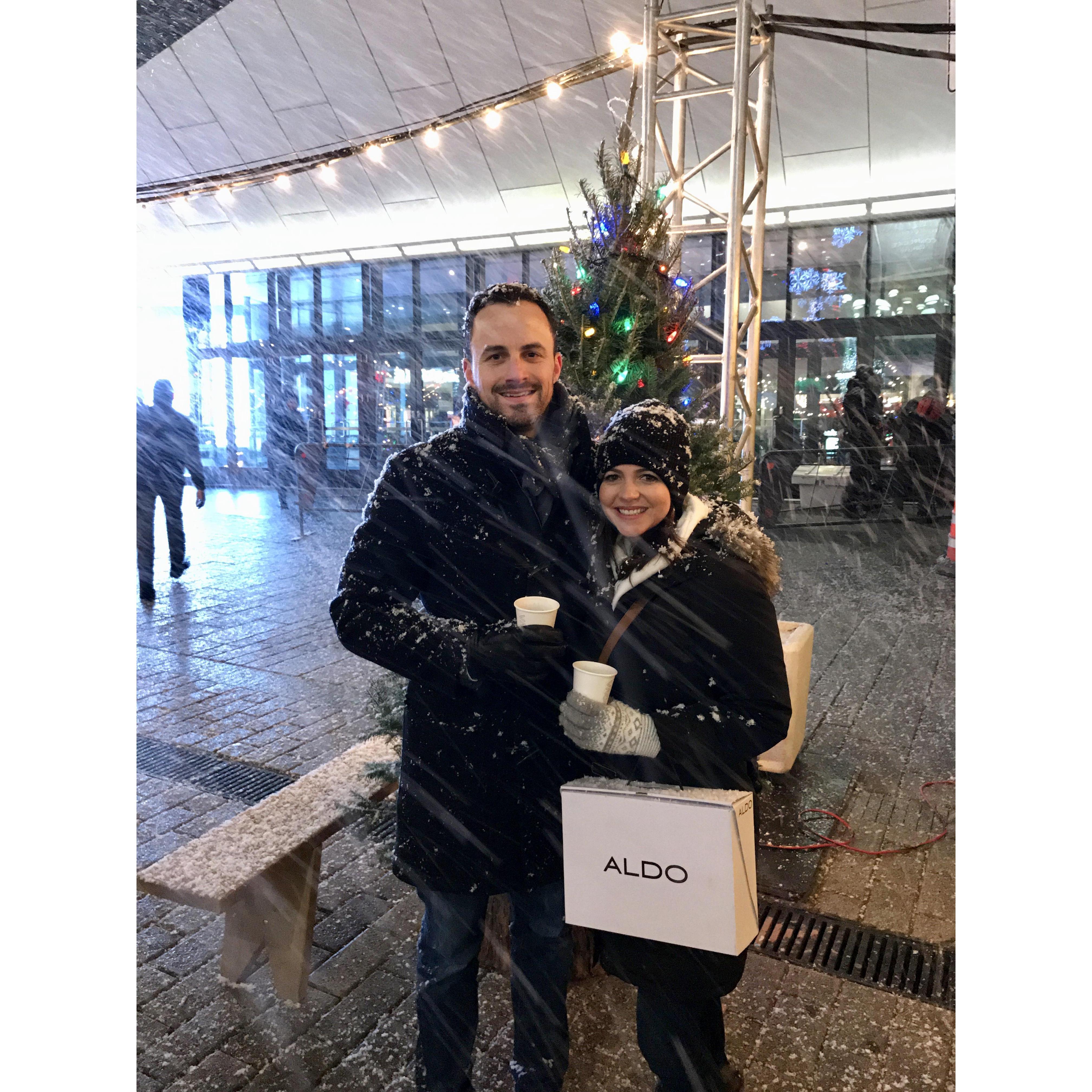 Our first picture together.  Walking through a Christmas market in downtown Montreal and it started snowing.  Soooo cold but sooo romantic at the same time!