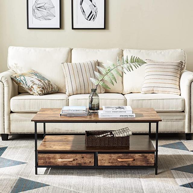 Coffee Table with 4 Storage Drawers and Open Shelf, Modern Center Table Industrial Coffee Table Wood Mid-Century Cocktail Table with Metal Frame, Farmhouse Coffee Table for Living Room, Rustic Brown