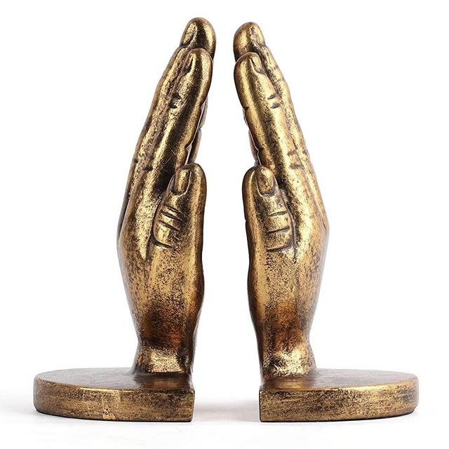Mxarltr Decorative Bookends for Shelves, Book Stoppers Heavy Duty for Home Office Decor, 2 Piece Hand Book Support with Anti-Slip Base Modern Hand Shape Statues Figurines Book Holders (Gold)