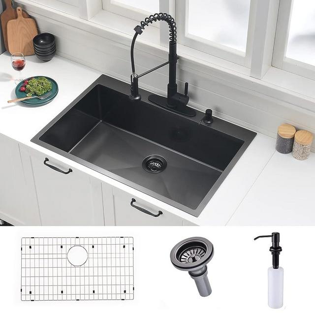 33 Inch Black Drop in Kitchen Sink - VOKIM 33"x 22" Inch Matte Black Stainless Steel Topmount Drop-in Kitchen Sink 16 Gauge Single Bowl Kitchen Sink, With Dish Grid and Basket Strainer,Soap Dispenser