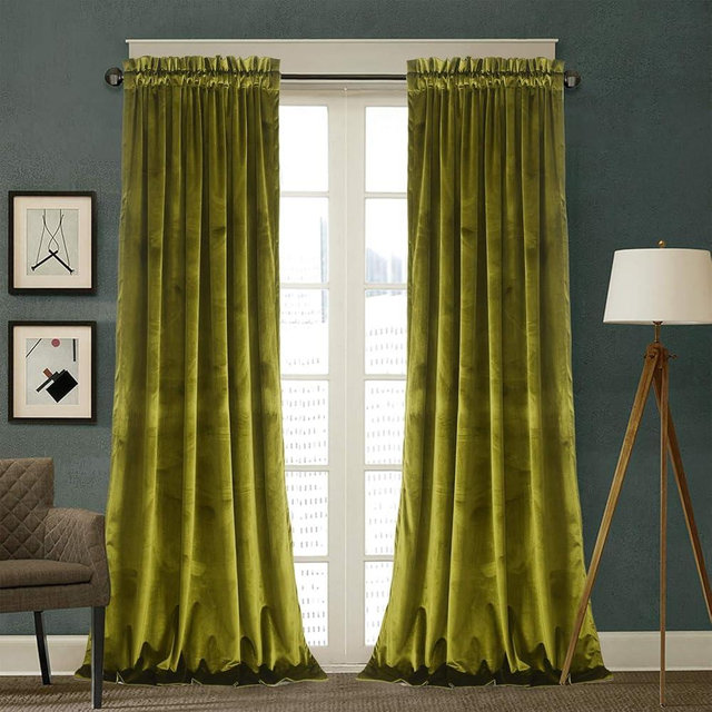 Roslynwood Velvet Olive Green Curtain 63 inch Length - Curtains Block Light Rod Pocket Thermal Insulated Window Drapes Set for Living Room/Bedroom/Dining Room, W52 x L63, 2 Panels