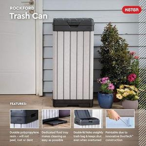 38 Gallon Outdoor Kitchen Trash Can with Lid and Drip Tray for Easy Cleaning-Perfect for Patio Dining, Grey