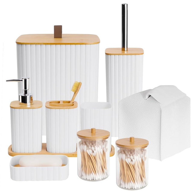 Bathroom Accessory Set - 10 Piece White Bathroom Sets Complete with Trash Can, Toothbrush Holder & Cup, Soap Dispenser, Soap Dish, Toilet Brush & Holder, Vanity Tray, Qtip Holder, Tissue Box Cover