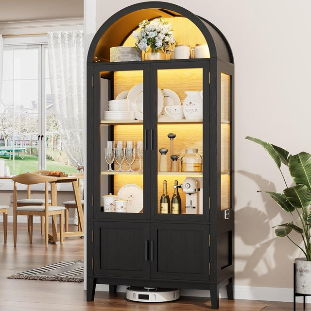 BROTTAR 71" Kitchen Pantry Cabinet, Arched Bookcase China Pantry Storage Cabinet with Glass Doors and Shelves, Human Body Sensor, Versatile Cupboard for Kitchen, Living Room, Dining Room (Black)
