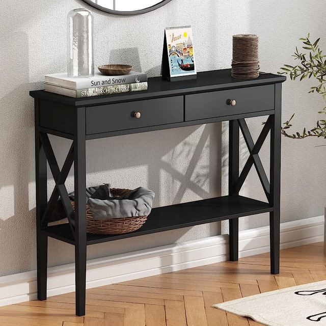 ChooChoo Console Table with Drawers, Narrow Wood Accent Sofa Table Entryway Table with Storage Shelf for Entryway, Front Hall, Hallway, Living Room, Black