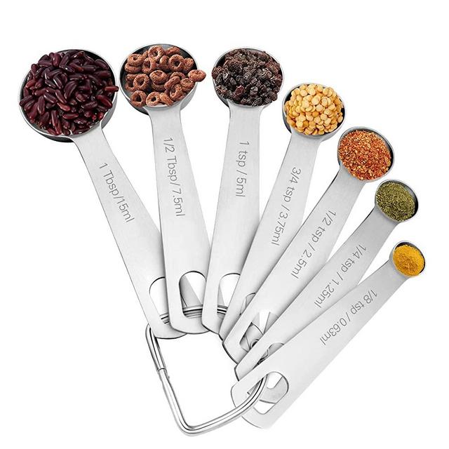 7 Piece Measuring Spoons Set, Heavy Duty 18/8 Stainless Steel Measuring Spoons with Etched Markings & Removable Clasp for Dry and Liquid, Fits in Spice Jars