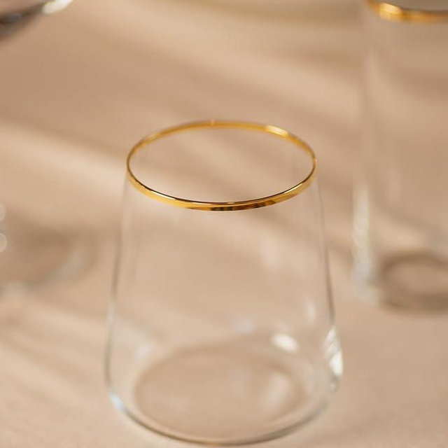 RAKLE Avantgarde Stemless Wine Glasses Set of 4, 14.3oz Gold Rimmed Drinking Tumblers for Red White Rose Wine and Cocktails, Lead-Free Durable Dishwasher Safe Glassware, Elegant Gold Accented Design