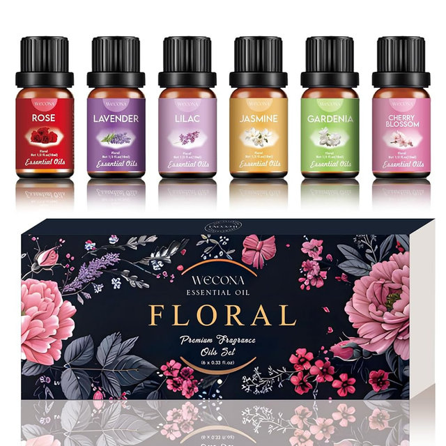 Floral Essential Oils Set for Diffusers & Candle Making - 6x10ml Natural Botanical Blends with Rose, Lavender, Lilac, Jasmine, Gardenia, Cherry Blossom Scents