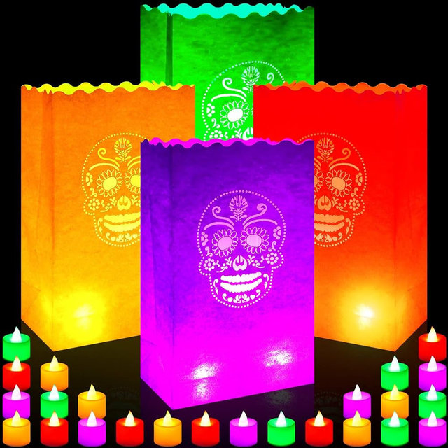 Meanplan 32 Set Day of The Dead Luminary Bags with 32 LED Tea Lights Flameless Candles, Dia De Los Muertos Luminary Mexican Christmas Paper Lantern Bags for Party Decor