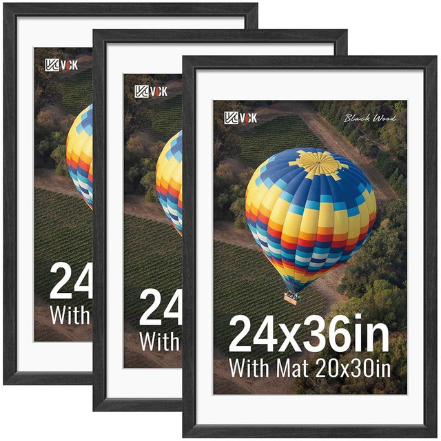 VCK 24x36 Picture Frames Black 3 Pack, Wide Border Solid Wood, Display 20x30 Photo with Mat or 24 x 36 without, for Home, Office, Gallery, Woodgrain Series, Wall Hanging