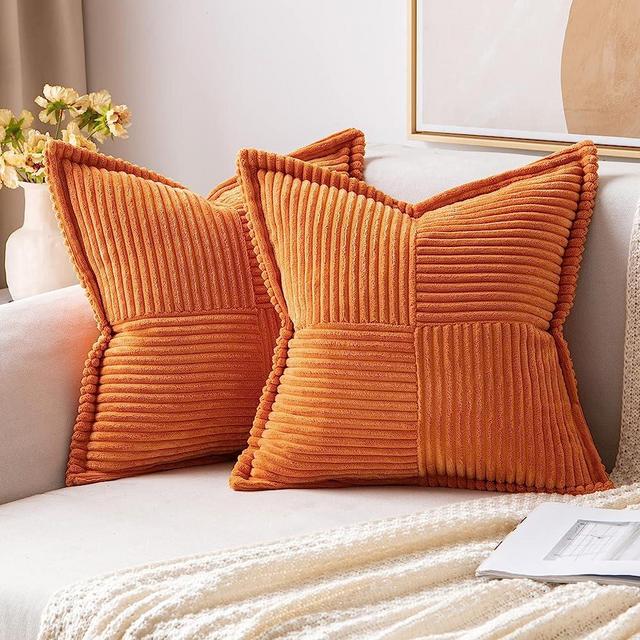 MIULEE Corduroy Pillow Covers with Splicing Set of 2 Super Soft Boho Striped Pillow Covers Broadside Decorative Textured Throw Pillows for Couch Cushion Bed Livingroom 18 x 18 inch, Orange