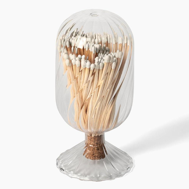 MILAVERA Premium Helix Glass Cloche - Matches In a Jar With Striker. Long Matches for Candles, Fireplace. Or Use Bottle for Bath Salts, Accessories. Includes Striker AND Safety Matches (White)